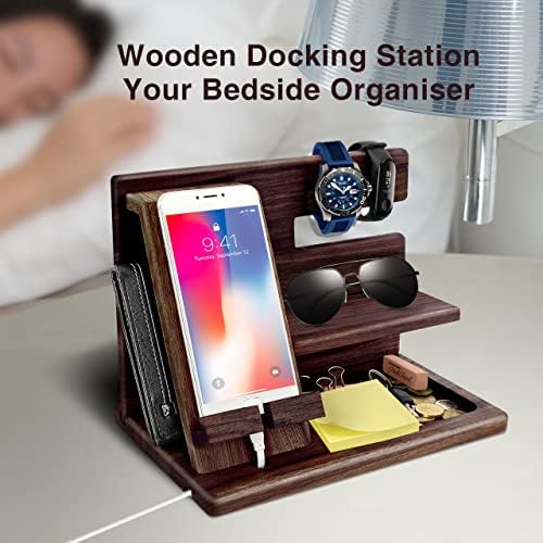 Gifts for Men, Wood Phone Docking Station, Mens Gifts for Birthday Gifts for Men or Gifts for Dad Fathers Day, Desk Workspace Organizer Nightstand Organizer Key for Wallet & Watch Holder – Enhanced Compatibility and Speed