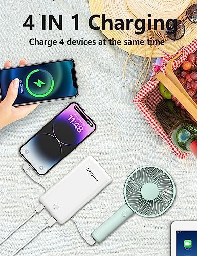 Ultra-Slim 10,000 m Ah Portable Power Bank with Built-In Cables for Effortless Charging, Dual USB-C Ports for Fast Device Compatibility, Lightweight External Charger for i Phone and Android, Pearl White – Your Go-To Travel Companion for Uninterrupted Power