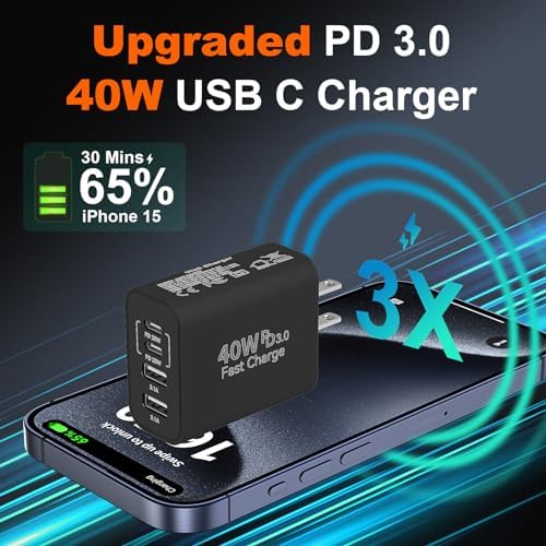 Ultimate 40 W Multiport USB-C Fast Charger – High-Efficiency 4-Port Power Adapter with Quick Charge 3.0 & Power Delivery for Super-Fast Device Charging – Sleek, Portable Design Perfect for Travel – Convenient 2-Pack for Enhanced Versatility and Easy Charging on the Go