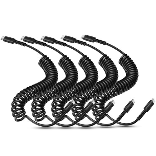 Canjoy 6 FT Retractable Coiled USB C Cable for Car – 5-Pack Fast Charging Cords Compatible with Car Play & Android Auto, Ideal for i Phone 16/15 and Samsung Galaxy S24/S23/S22 – Durable, Tangle-Free Design for Ultimate Convenience