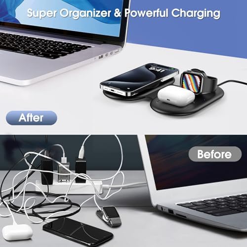 Revolutionary 3 in 1 Foldable Wireless Charger for Apple Devices – Portable Magnetic Charging Station for i Phone 12/13/14/15/16, Apple Watch Series 2-9/Ultra, and Air Pods Pro – Ultimate Travel Convenience with Fast Charging and Built-In Safety Features – Perfect for Home and On-the-Go Usage