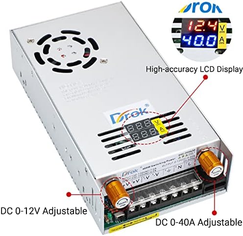 DROK 24 V Adjustable Power Supply – High-Efficiency AC to DC Converter for Reliable Power Delivery, 20 A 480 W Regulated Adapter Perfect for Computer Labs and Versatile Electronic Applications, Adjustable 5 V to 24 V Voltage Transformer for Enhanced Performance and Compatibility
