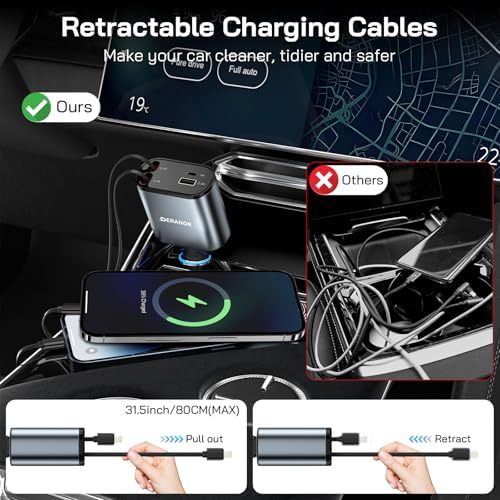 Dual-Output 69 W Retractable Car Charger Set – 4-in-1 Fast Charging Adapter with Type C and Lightning Cables for i Phone 12-16 & Samsung S23/S24 – Compact Design for Seamless Multi-Device Power on the Go