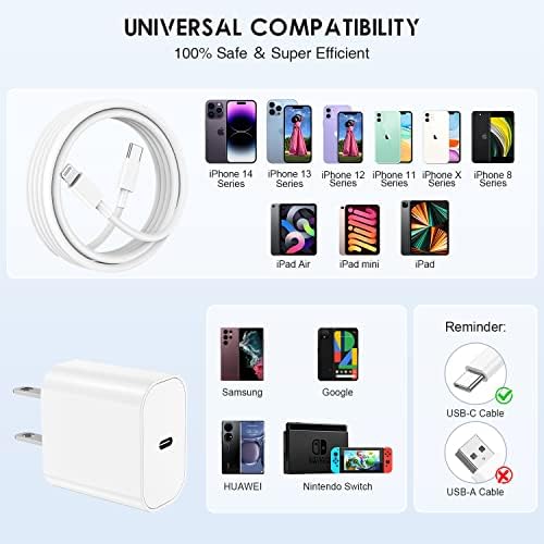 Ultra-Fast 20 W i Phone Charger with 10 ft USB C to Lightning Cable – Stylish Pink Fast Charging Block for i Phone 14 Pro Max, 13, 12, 11, XS, SE, i Pads & Air Pods – Unmatched Compatibility & Durability for On-the-Go Power