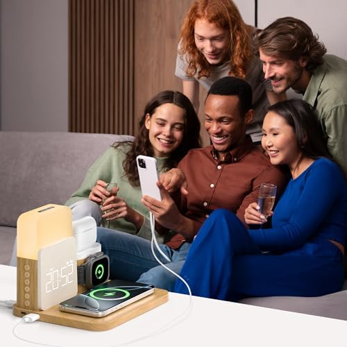 Elevate Your Nightstand with the 7-in-1 Wireless Alarm Clock Charging Station – Fast Mag-Safe Charger for i Phone 12-16 Pro Max, Apple Watch & Air Pods, Features Adjustable Night Light and Sleek Time Display for Ultimate Bedroom Convenience