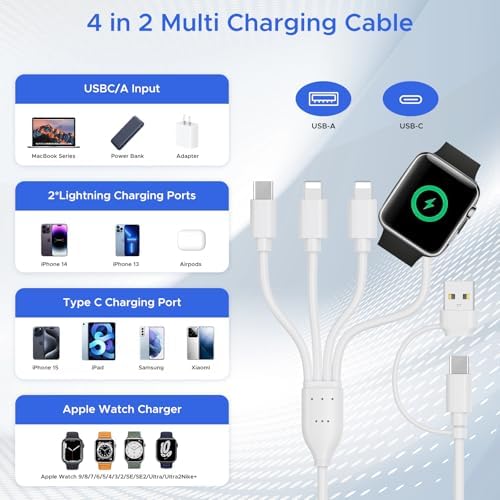 Universal 4-in-2 Multi Charging Cable for Apple Watch and USB-C Devices – Fast Charging, 4 ft Length, Dual Lightning & USB-C Connectors for i Phone 16, 15, 14, 13, and Galaxy S23/S22 – Perfect Travel Companion for Effortless Power Delivery and Enhanced Compatibility