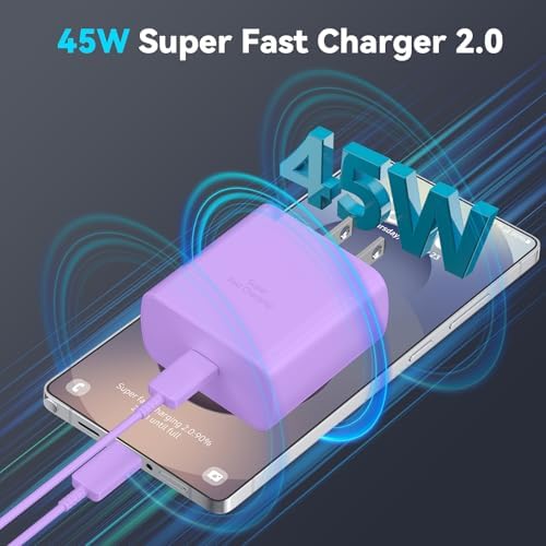 45 W Super Fast USB-C Charger with 6.6 ft Cable – Ultra-Fast Charging Adapter for Samsung Galaxy S24/S23/S22/S21/Note 20 – Stylish Deep Purple & Blue Design for Enhanced Device Performance and Safety