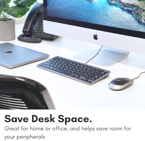 Compact Macally Wired Keyboard for Mac and Windows – Sleek USB Mini Keyboard with 78 Scissor Switch Keys – Effortless Plug and Play Design for Enhanced Typing Speed – Ideal Space-Saving Solution for Modern Workspaces – Durable Aluminum Finish for Long-lasting Performance and Style