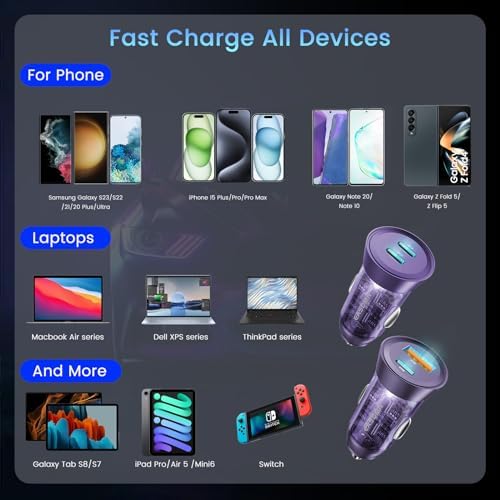 90 W Dual-Port USB C Fast Car Charger 2-Pack – PD 45 W & QC 45 W Quick Charge Adapter for Samsung Galaxy S25 Ultra, i Phone 15, and More – Ultimate Compatibility & Safety Features for Efficient On-the-Go Power
