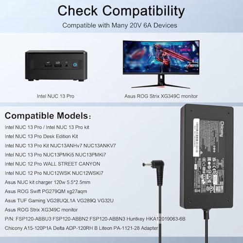 JUYOON 20 V 6 A 120 W High-Efficiency Charger for Intel NUC 13 Pro & 12 Pro Mini PCs – Optimal Power Supply for ASUS NUC Kits & Gaming Monitors, Enhanced Compatibility with ROG Swift and Strix Series, Ideal Replacement Adapter for Reliable Performance