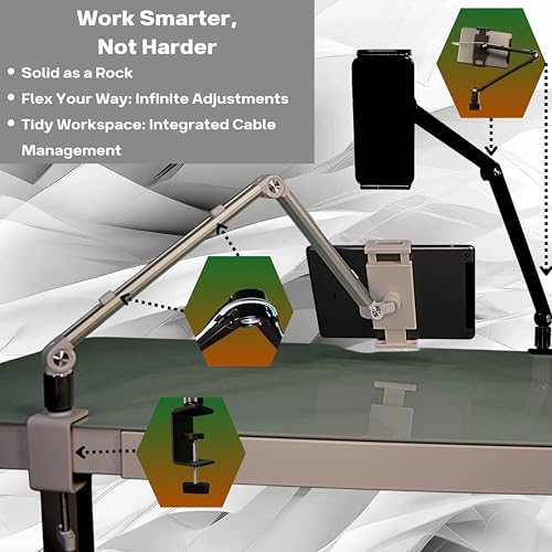 Aluminum Phone and Tablet Stand- Adjustable 360° Rotation, Cable Management, Stable Base, Black – Fits 16″ Portable Monitors, iPads, iPhones. Hands-Free Use for Desk, Office, or Home – Enhanced Compatibility and Speed