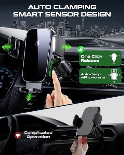 Revolutionize Your Driving Experience with Our Qi 15 W Fast Charging Wireless Car Phone Holder – Auto-Clamping Mount for Seamless Smartphone Access and Compatibility with i Phone 16 Pro Max, Samsung Galaxy S24 Ultra, and More – Multi-Position Dashboard, Air Vent, and Windshield Options for Ultimate Convenience and Style