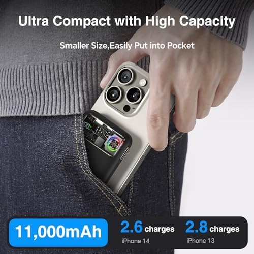 Ultra-Fast Magnetic Power Bank with 11,000 m Ah Capacity and Active Cooling Technology – Transparent Portable Charger for i Phone 14/13/12 Pro & Mag Safe Compatibility – 20 W USB-C Input/Output for Rapid Charging and Enhanced Device Safety