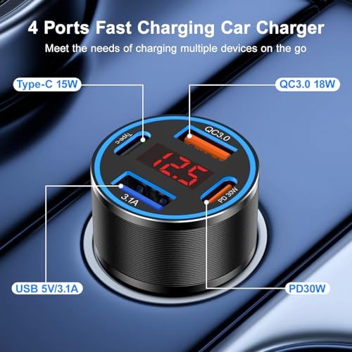 Rapid Charge 2-Pack: 65 W Multi-Port USB C Car Charger with Built-in Volt Meter for i Phone, Samsung & Android – Enhanced Fast Charging & Compatibility for On-the-Go Power Solutions