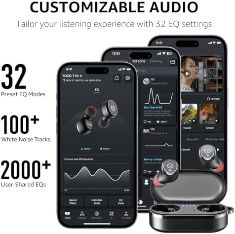 TOZO T10 Wireless Earbuds with Bluetooth 5.3 – Customizable EQ for Personalized Sound, Ergonomic Fit for Ultimate Comfort, 55 Hours Playtime, IPX8 Waterproof Rating, Wireless Charging Case – 2025 Enhanced Audio Experience for Active Lifestyles