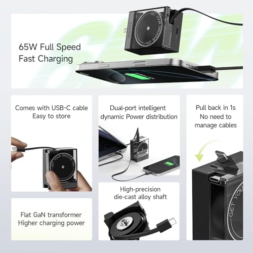 Portable 65 W Ga N Wall Charger with Retractable USB-C Cable | Fast Charging Solution for Mac Book Pro/Air, i Phone 16, Pixelbook & i Pad Pro | Dual-Device Power Delivery | Sleek & Compact Design for On-the-Go Charging
