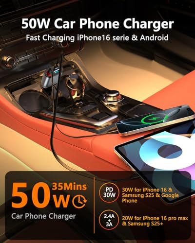 Ultimate 3-in-1 Retractable Car Charger – 50 W Fast Charging Solution with Type C Cable & USB Port for i Phone 16/15/14/13/12/11, Galaxy & Pixel Devices – Tangle-Free Convenience for On-the-Go Power Management