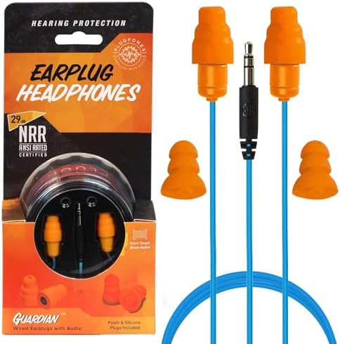 Plugfones Guardian Hybrid In-Ear Headphones with 29 d B Noise Reduction – OSHA Compliant Earplug Earbuds for Ultimate Hearing Protection and Superior Sound Quality – Includes Waterproof Case (Blue & Orange) for Easy Portability and Enhanced Durability