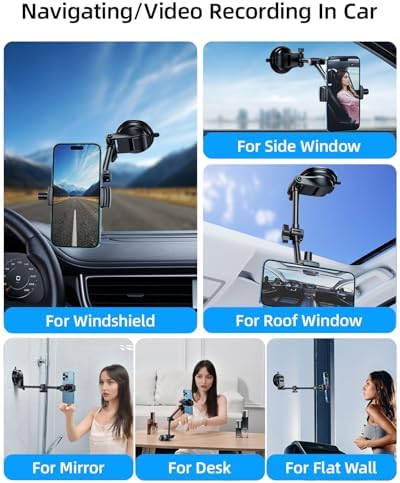Seamless Vlogging & Filming Car Phone Holder for Windshield | Multi-Angle Adjustable Mount for 4.7″-6.9″ Devices | Compatible with i Phone 16/15/14 & Samsung S25 Ultra | Secure No-Swivel Design for Safe, High-Quality Recording | Easy Installation & Compact Storage