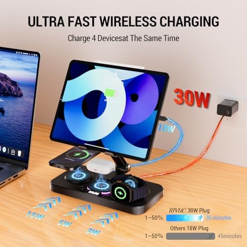 Multi-Device Wireless Charging Station with Clock & 7-Color Ambient Light for i Phone 16/15/14, Apple Watch 10/9/8, and Air Pods 4/3/2 – High-Speed 30 W Dock for i Pad and Samsung Devices, Stylish Desk Organizer with Soothing Illumination