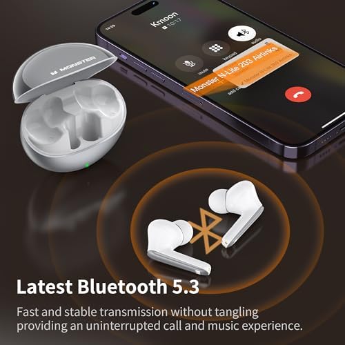 Monster N-Lite 203 Air Links Wireless Earbuds – Cutting-Edge Bluetooth 5.3 Audio with 30-Hour Playtime, Quick Charge Type-C, IPX6 Waterproof Protection, Touch Control for Effortless Music & HD Call Clarity – Perfect for Active Lifestyles
