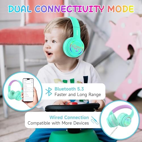 IFECCO Wireless Kids Bluetooth Cat Ear Headphones – Fun Light-Up Design with Volume Limiting Feature, Built-in Microphone, and Foldable Portability for Travel and Learning – Ultimate Gift for Young Music Enthusiasts