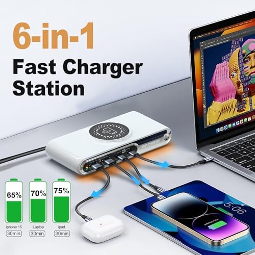Revolutionary 6-in-1 USB C Charging Hub with LED Color Nightlight – 72 W 4-Port Magnetic Wireless Charger for Phones, Tablets, and Laptops – PD45 W and QC3.0 Fast Charging Technology for Ultimate Device Compatibility and Speed – Ideal for Home and Office Use