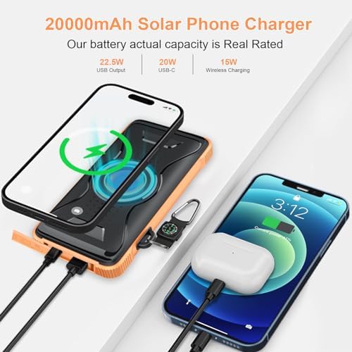 Lekzai 20,000 m Ah Solar Power Bank – Advanced Wireless Fast Charger with USB-C PD 20 W, Outdoor-Ready External Battery Pack Featuring LED Flashlight for Camping & Adventures in Vibrant Orange – Ultimate Compatibility & Speed for All Devices