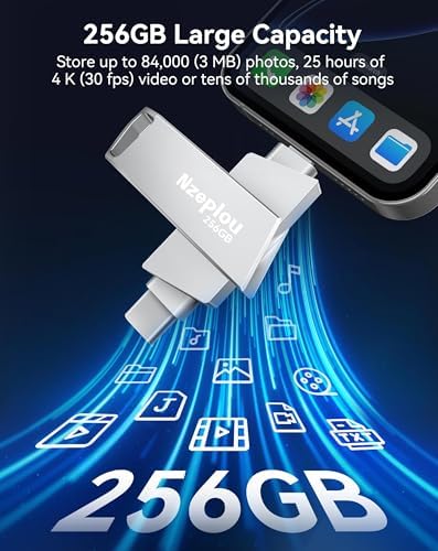 256 GB Lightning & USB-C Flash Drive for i Phone/i Pad – Ultra-Fast USB 3.0 Memory Stick for Effortless Photo & Video Backup – Plug & Play External Storage Solution (Sleek Silver Design) – Perfect for Seamless Data Management and Expansive Memory Needs