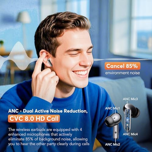 Advanced Bluetooth 5.4 Wireless Earbuds with Dual Noise Cancelling – Unleash Powerful Deep Bass and Enjoy 36 Hours of Playtime with IP7 Waterproof Design – Ideal for Active Lifestyles with ANC & ENC for Superior Audio Clarity and Intuitive LED Battery Indicator