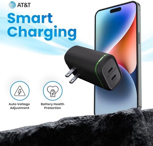 AT&T 60 W Dual USB-C Power Delivery Wall Charger – Efficient Rapid Charging for Smartphones, Tablets, and Laptops with Safety Features – Compact & Portable Dual Device Adapter for Home and Office Use