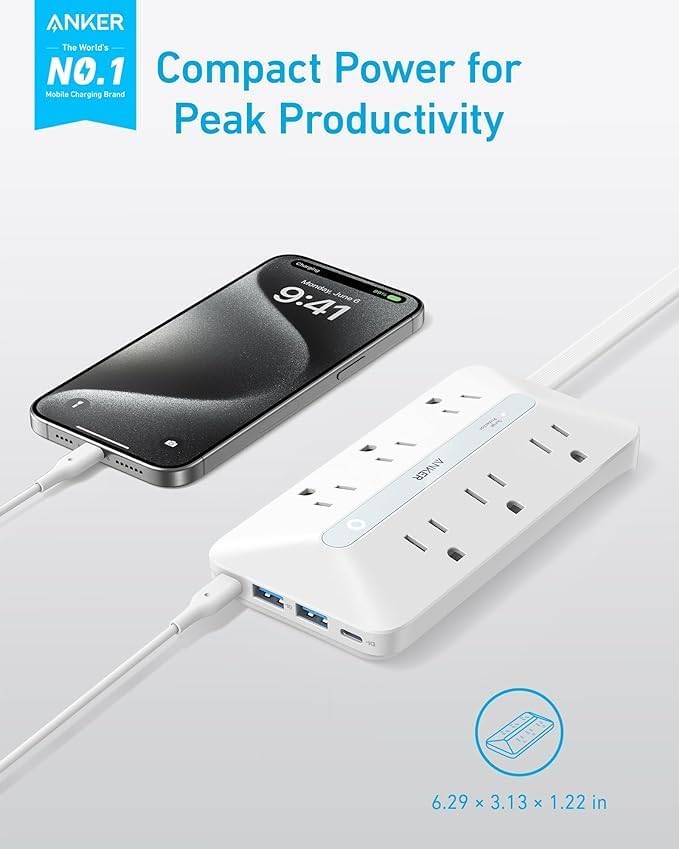 Anker Ultra-Thin 10-in-1 Power Strip with 300 J Surge Protection & USB Charging Hub – 6 AC Outlets, 2 USB-A, 2 USB-C Ports, 5-Foot Extension Cord for Home Office, College Dorm, and Workspaces – Space-Saving Desk Charging Station