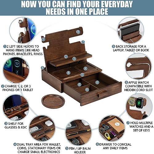 Wood Phone Docking Station for up to 3 Phones – Nightstand Organizer for Men & Women Holds Phones, Tablets, Keys, Rings, Glasses, Watches, EDC & More – with Special Drawer for Valuables – Enhanced Compatibility and Speed