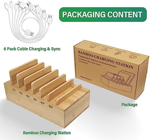 Eco-Friendly Bamboo Multi-Device Charging Station – Stylish Desk Organizer with 6 Premium Cables for i Phone & More – Efficient Quick Charge Hub for a Clutter-Free Workspace
