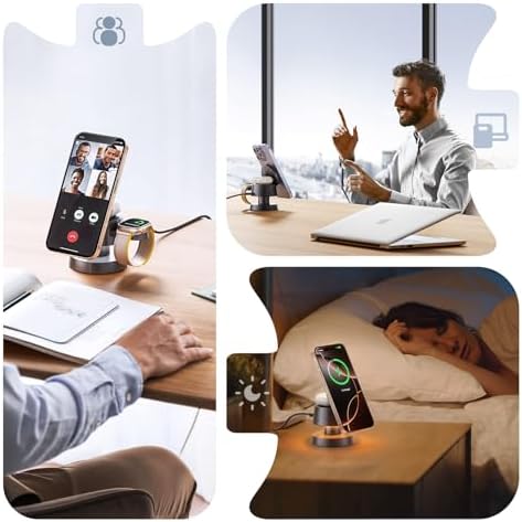 Effortless Charging Revolution: 4-in-1 Mag-safe Wireless Charger with 15 W Fast Charging for i Phone 16/16 Plus/16 Pro Max/15/14/13/SE, Apple Watch Ultra, and Air Pods Pro 2 – Sleek Design with Integrated Night Lamp for Streamlined Device Management