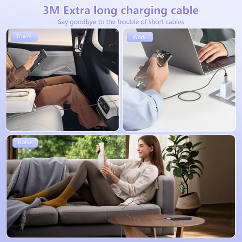 20 FT Extra Long Nylon Braided USB-C Charger Cable for i Phone 15/16 – 3-in-1 60 W Fast Charging Data Cord Compatible with i Pad Pro, Android, Samsung, and Pixel – Ultimate Durability and Flexibility for All Devices