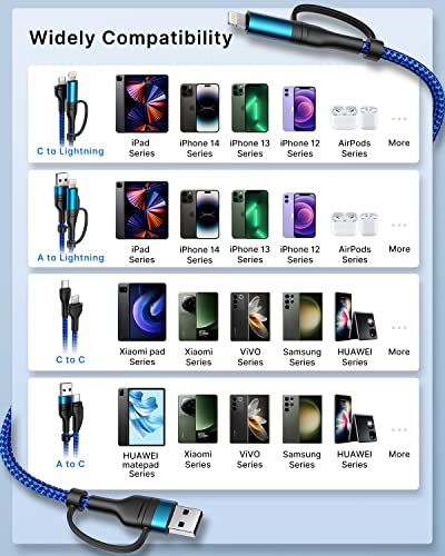 Universal 4-in-1 Multi-Device Charging Cable [2-Pack, 6.6 FT] – 60 W Fast Charging Nylon Braided Lightning & USB-C Cords for i Phone, i Pad, Samsung Galaxy, Mac Book & More – Durable & Tangle-Free Solution for Efficient Powering