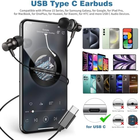 COOYA Premium USB C Wired Earbuds: Superior Noise-Canceling In-Ear Headphones with Magnetic Bass & Built-In Mic – Compatible with i Phone 16, Samsung Galaxy S25 Ultra, Google Pixel Devices – Exceptional Comfort for Music, Gaming, and Calls