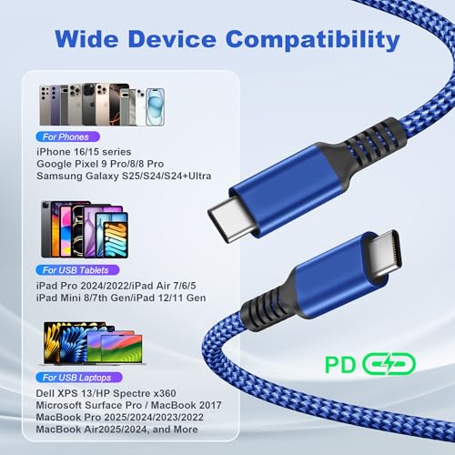 Basesailor 10 ft USB C to USB C Power Delivery Charging Cable – 100 W Fast Charger for i Phone 16/15 Pro Max, Mac Book, i Pad Air 4/5, Mini 6, and Samsung Galaxy S22/S23/S24/S25 – Durable 2 Pack for Enhanced Speed and Efficiency