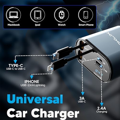 Ultimate 4-in-1 Retractable Car Charger – 66 W High-Speed USB Adapter with 2.6 ft Cables for i Phone 15/14 Pro – Fast Charging, Tangle-Free Design, Dual USB Ports for Multiple Device Compatibility – Ideal Travel Companion for On-the-Go Charging