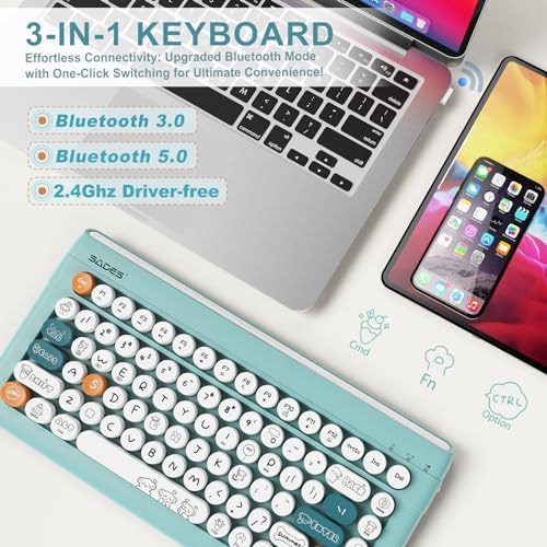 SADES Retro Wireless Bluetooth Keyboard for Mac, i Pad, i Phone, PC & Android – Multi-Device Connectivity & Portable Design with Vintage Round Keycaps – Perfect for Effortless Typing on the Go in Chic Pink