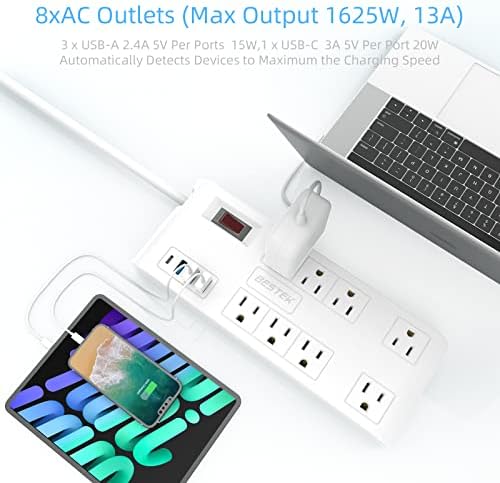 BESTEK 8-Outlet Power Strip with 5-Foot Extension Cord: Multi-Port USB Charging Hub Featuring 3 USB-A (2.4 A) & 1 USB-C (3 A) | 1625 W Max Output with 600 Joule Surge Protection for Enhanced Device Safety | Ultra-Compact Design for Home & Office Efficiency