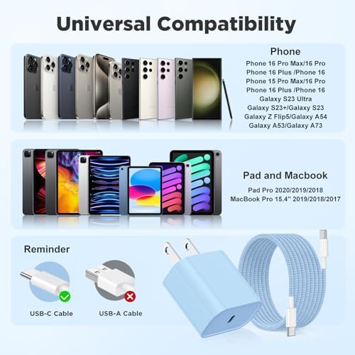 Rapid Charge 3-Pack USB-C Fast Charger Kit for i Phone 15 & 16 Pro Max – 20 W Power Blocks with Robust 6 ft & 10 ft Braided Cables – Ultra-Fast Charging Solution for i Pad Pro 13/12.9 – Sleek, Portable Wall Charger for Everyday Convenience