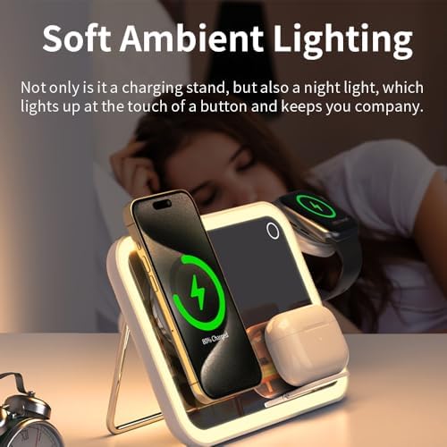 Revolutionary 5-in-1 Magnetic Charging Hub for i Phone 12/13/14/15 Series, Apple Watch 2-9, and Air Pods Pro – Multifunctional Stand with Integrated Cosmetic Mirror and Soft Night Light – Perfect Gift for Tech-Savvy Women Seeking Style and Efficiency
