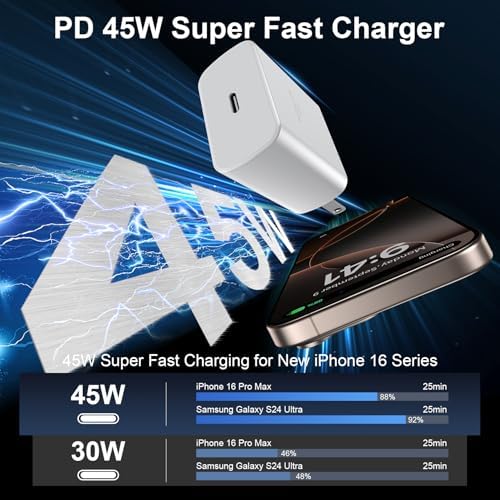 Rapid Charge 45 W USB C Wall Charger for Phone 16 Series & Samsung Galaxy S24 Ultra – Includes 6.6 FT Extra Long Type C Cable for Enhanced Flexibility and Performance – Advanced Safety Features for Optimal Device Protection – Perfect for Home, Office & Travel Use