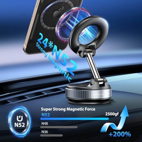 CreaDream Car Phone Mount for Magsafe, Ultra Strong Vacuum Magnetic Suction Cup Cell Phone Holder with 360° Rotation, Foldable Phone Holders for Your Car, Car Accessories for All Smartphones（Black） – Enhanced Compatibility and Speed