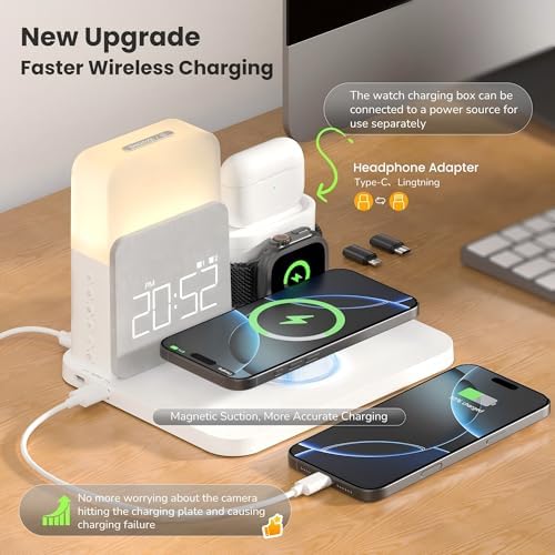 Elevate Your Nightstand with the 7-in-1 Wireless Alarm Clock Charging Station – Fast Mag-Safe Charger for i Phone 12-16 Pro Max, Apple Watch & Air Pods, Features Adjustable Night Light and Sleek Time Display for Ultimate Bedroom Convenience