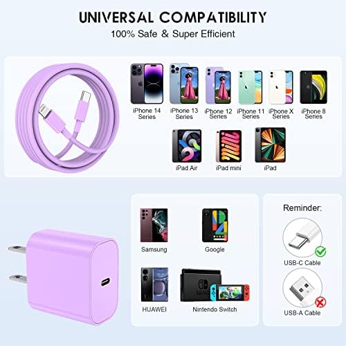 Ultra-Fast 20 W i Phone Charger with 10 ft USB C to Lightning Cable – Stylish Pink Fast Charging Block for i Phone 14 Pro Max, 13, 12, 11, XS, SE, i Pads & Air Pods – Unmatched Compatibility & Durability for On-the-Go Power