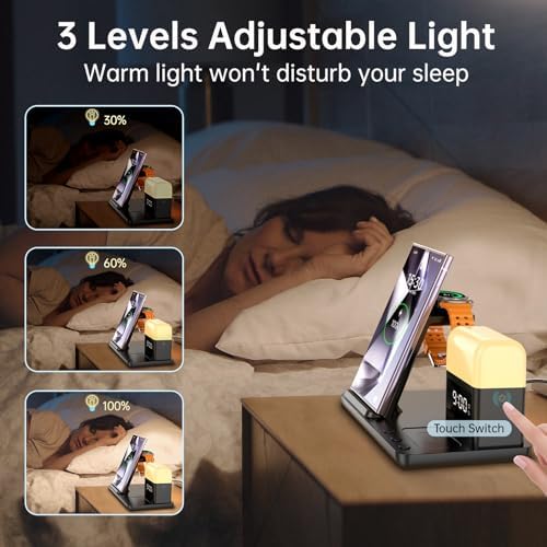 Revolutionize Your Charging Experience with the 6 in 1 Wireless Charging Station for Samsung and Android – Featuring Integrated Alarm Clock and Adjustable Night Light, Compatible with Galaxy S25, S24, S23 Ultra, Galaxy Watch Ultra 7-4, and Buds3 Pro – Fast Charge, Compact Design, Ideal for Streamlined Bedside or Office Setup