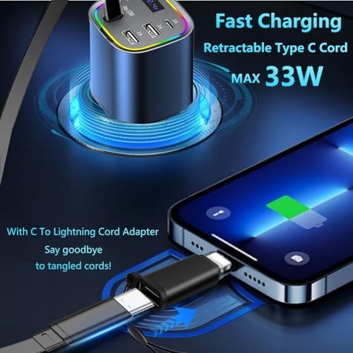 Ultimate AGEMANY 4-in-1 Retractable Car Charger: 78 W Fast Charging USB C Adapter for i Phone 16/15/14/13/12 & Android Devices, Stylish Cigarette Lighter Accessory with RGB Illumination – Perfect Gift for Tech-Savvy Drivers